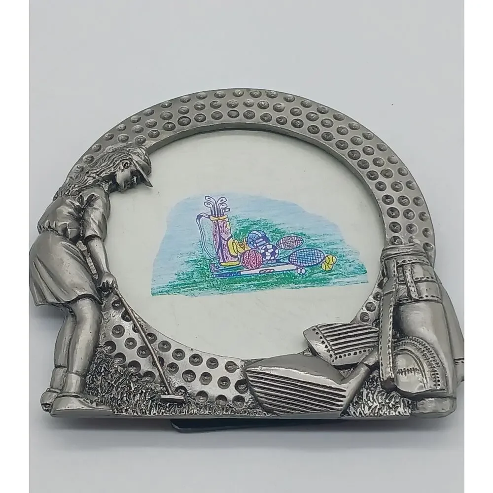Round Golf Ball Pewter Picture Frame Figural Woman Golfing Clubs Bag Small